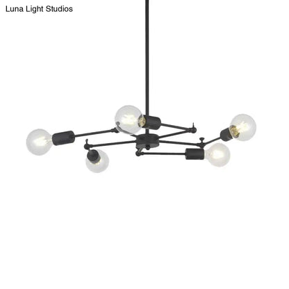 Metal Industrial Style Adjustable Chandelier with Exposed Bulbs - Multi Light Hanging Lamp for Bedroom - Black