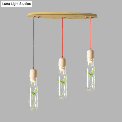 Metal LED Pendant Light with Bottle Cluster Design and Wood Accent for Living Room