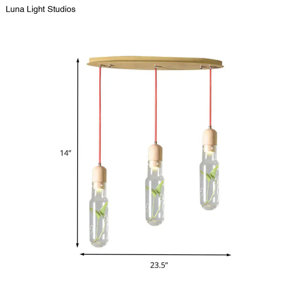 Metal LED Pendant Light with Bottle Cluster Design and Wood Accent for Living Room