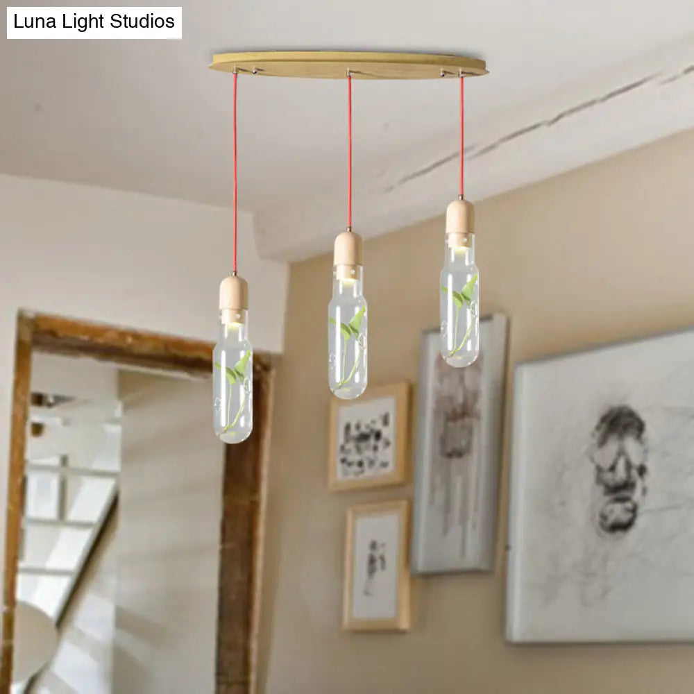 Metal LED Pendant Light with Bottle Cluster Design and Wood Accent for Living Room