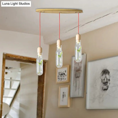 Metal LED Pendant Light with Bottle Cluster Design and Wood Accent for Living Room