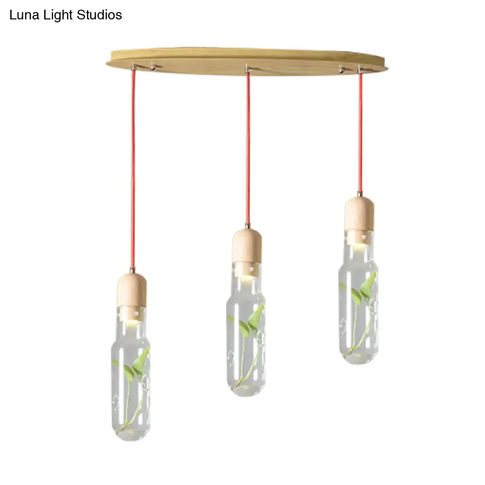 Metal LED Pendant Light with Bottle Cluster Design and Wood Accent for Living Room