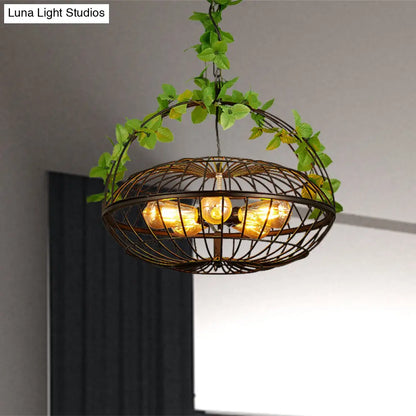 Metal Pendant Chandelier: 5-Bulb Industrial Black Basket-Cage Shade with Hanging Lamp and Plant – Ideal for Restaurants