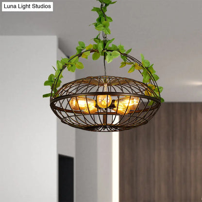 Metal Pendant Chandelier: 5-Bulb Industrial Black Basket-Cage Shade with Hanging Lamp and Plant – Ideal for Restaurants