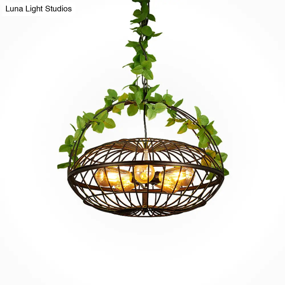 Metal Pendant Chandelier: 5-Bulb Industrial Black Basket-Cage Shade with Hanging Lamp and Plant – Ideal for Restaurants