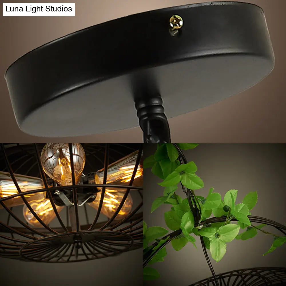 Metal Pendant Chandelier: 5-Bulb Industrial Black Basket-Cage Shade with Hanging Lamp and Plant – Ideal for Restaurants