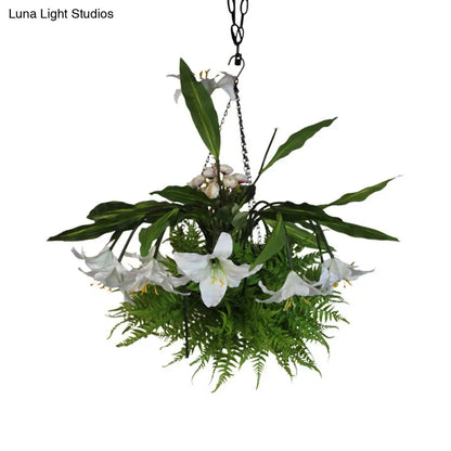 Metal Pendant Chandelier with 12 Green Lily Heads - Industrial Style LED Down Lighting for Restaurants