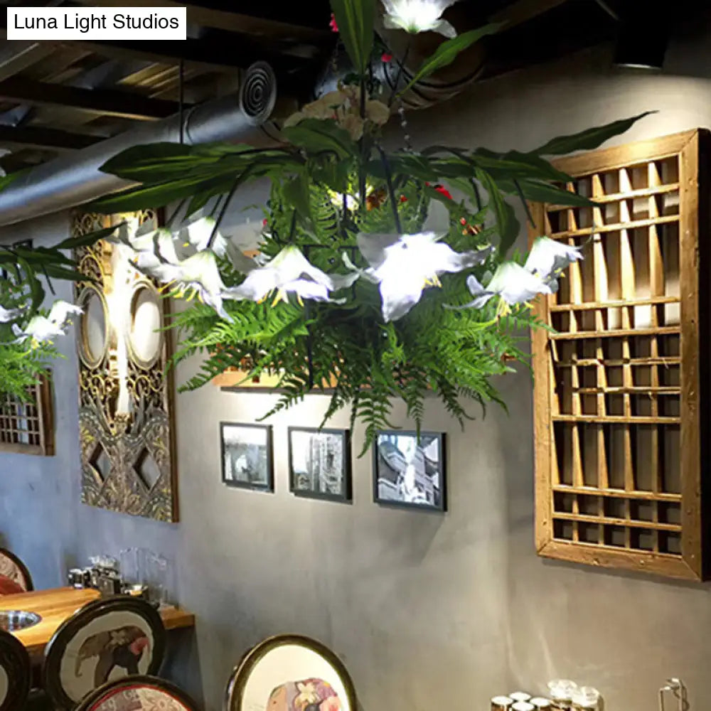 Metal Pendant Chandelier with 12 Green Lily Heads - Industrial Style LED Down Lighting for Restaurants