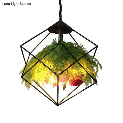 Metal Pendant Lamp Antique Black Geometric Design with Plant Decoration - 18"/21.5" Wide, LED Down Lighting for Restaurants