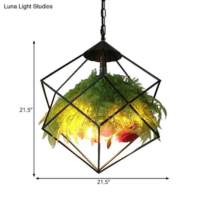 Metal Pendant Lamp Antique Black Geometric Design with Plant Decoration - 18"/21.5" Wide, LED Down Lighting for Restaurants