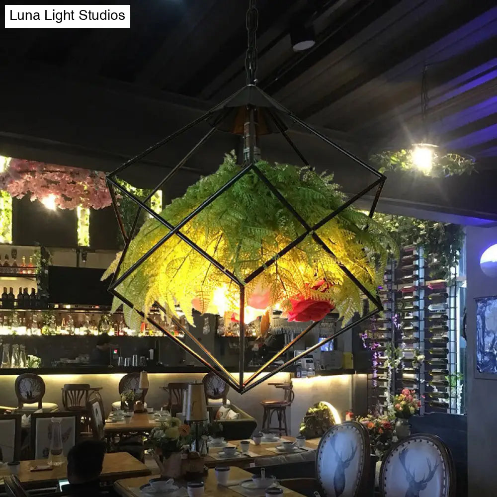 Metal Pendant Lamp Antique Black Geometric Design with Plant Decoration - 18"/21.5" Wide, LED Down Lighting for Restaurants