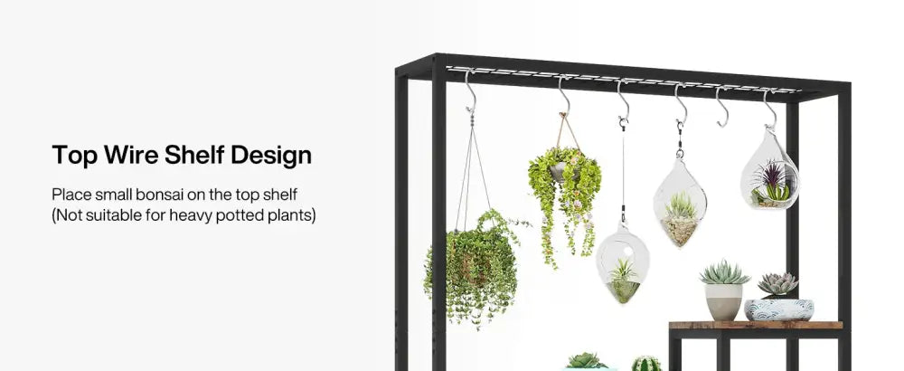 Black metal wire 5-tier tall plant stand with hanging hooks displaying glass terrariums and potted succulents