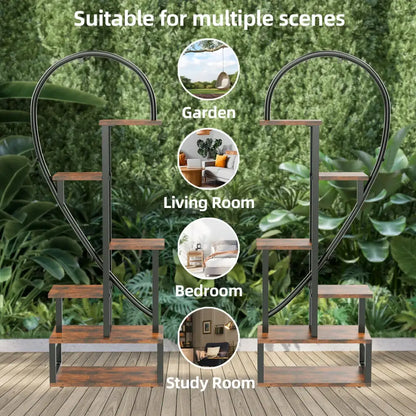 Decorbites 6-tier heart shape plant stand with rustic brown wooden shelves and black wrought iron half heart frame