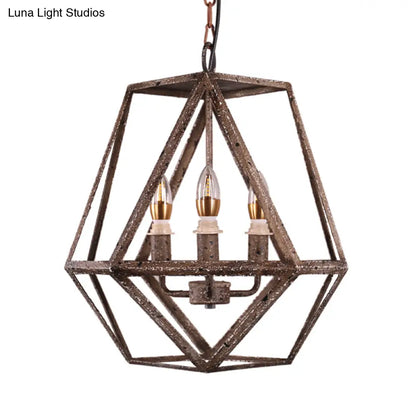Metal Prismatic Cage Pendant Lamp: Rustic Stylish 3-Heads Chandelier Light Fixture with Adjustable Chain in Rust for Living Room