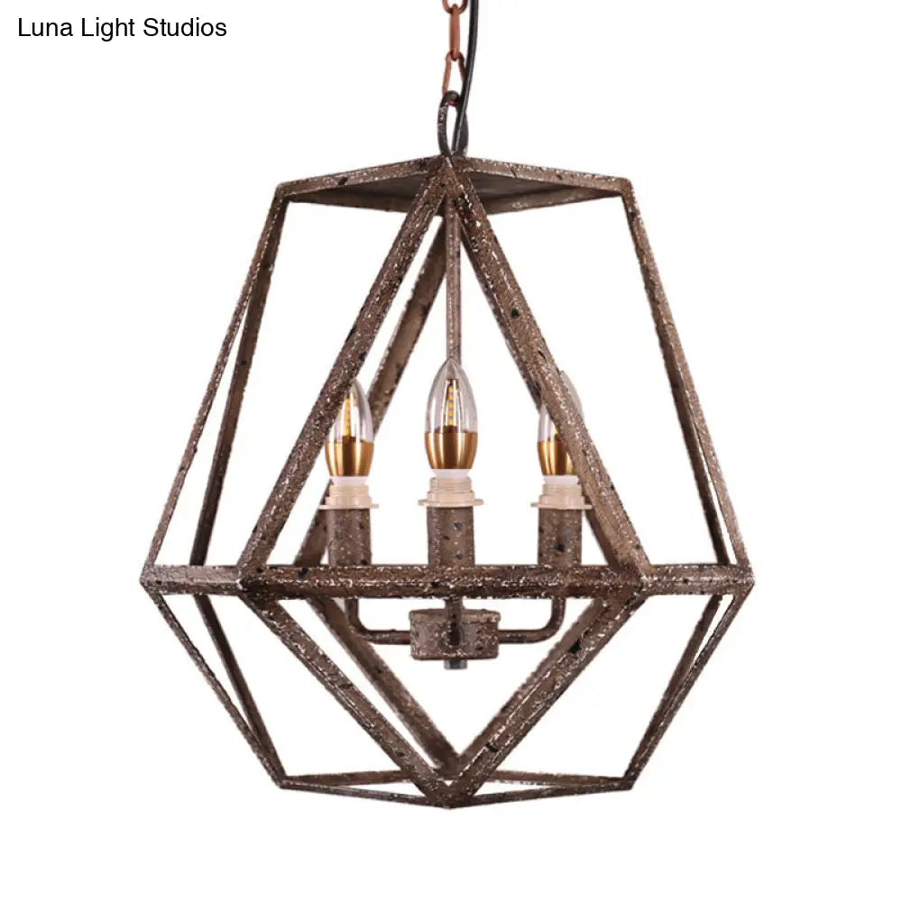 Metal Prismatic Cage Pendant Lamp: Rustic Stylish 3-Heads Chandelier Light Fixture with Adjustable Chain in Rust for Living Room