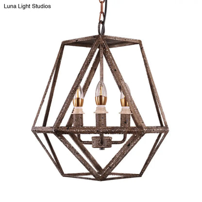 Metal Prismatic Cage Pendant Lamp: Rustic Stylish 3-Heads Chandelier Light Fixture with Adjustable Chain in Rust for Living Room