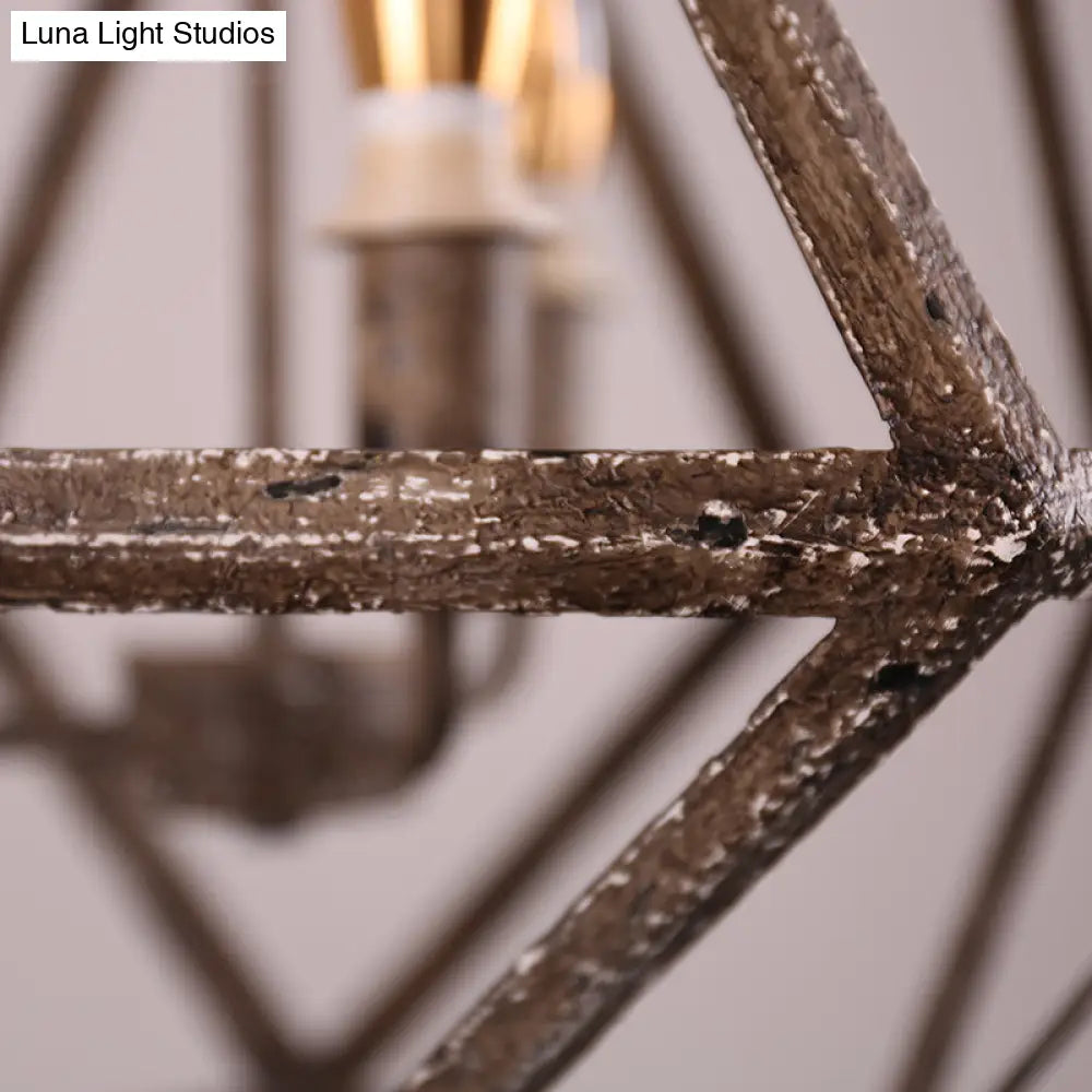 Metal Prismatic Cage Pendant Lamp: Rustic Stylish 3-Heads Chandelier Light Fixture with Adjustable Chain in Rust for Living Room