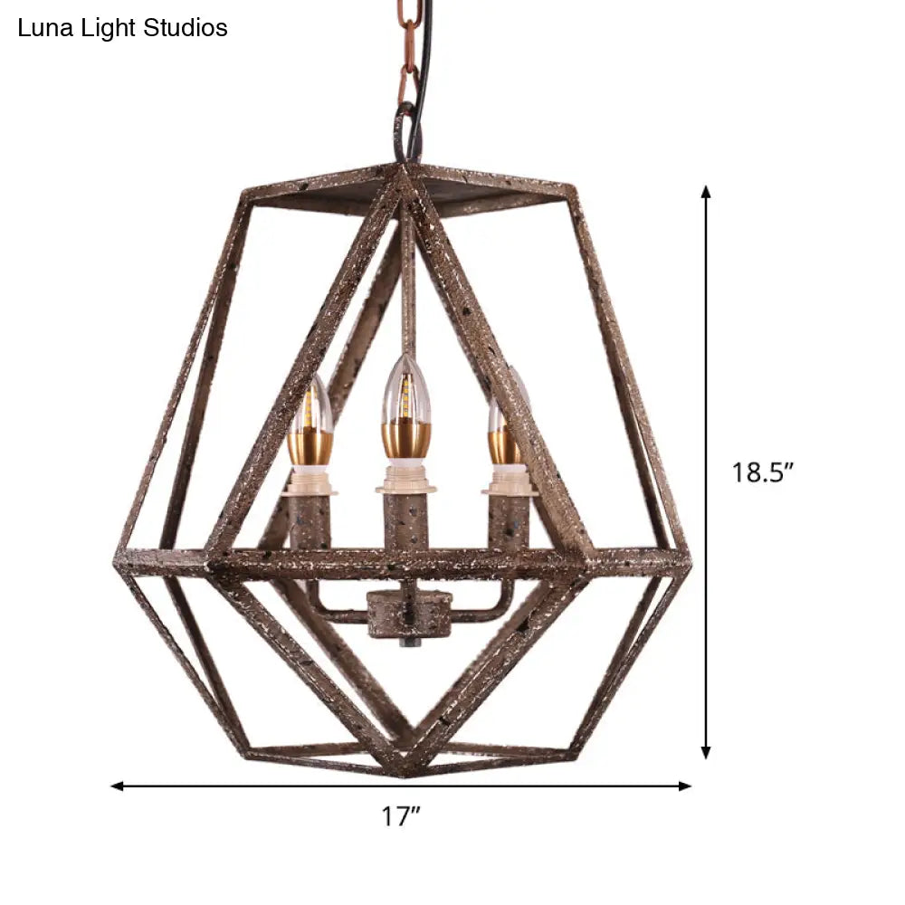 Metal Prismatic Cage Pendant Lamp: Rustic Stylish 3-Heads Chandelier Light Fixture with Adjustable Chain in Rust for Living Room
