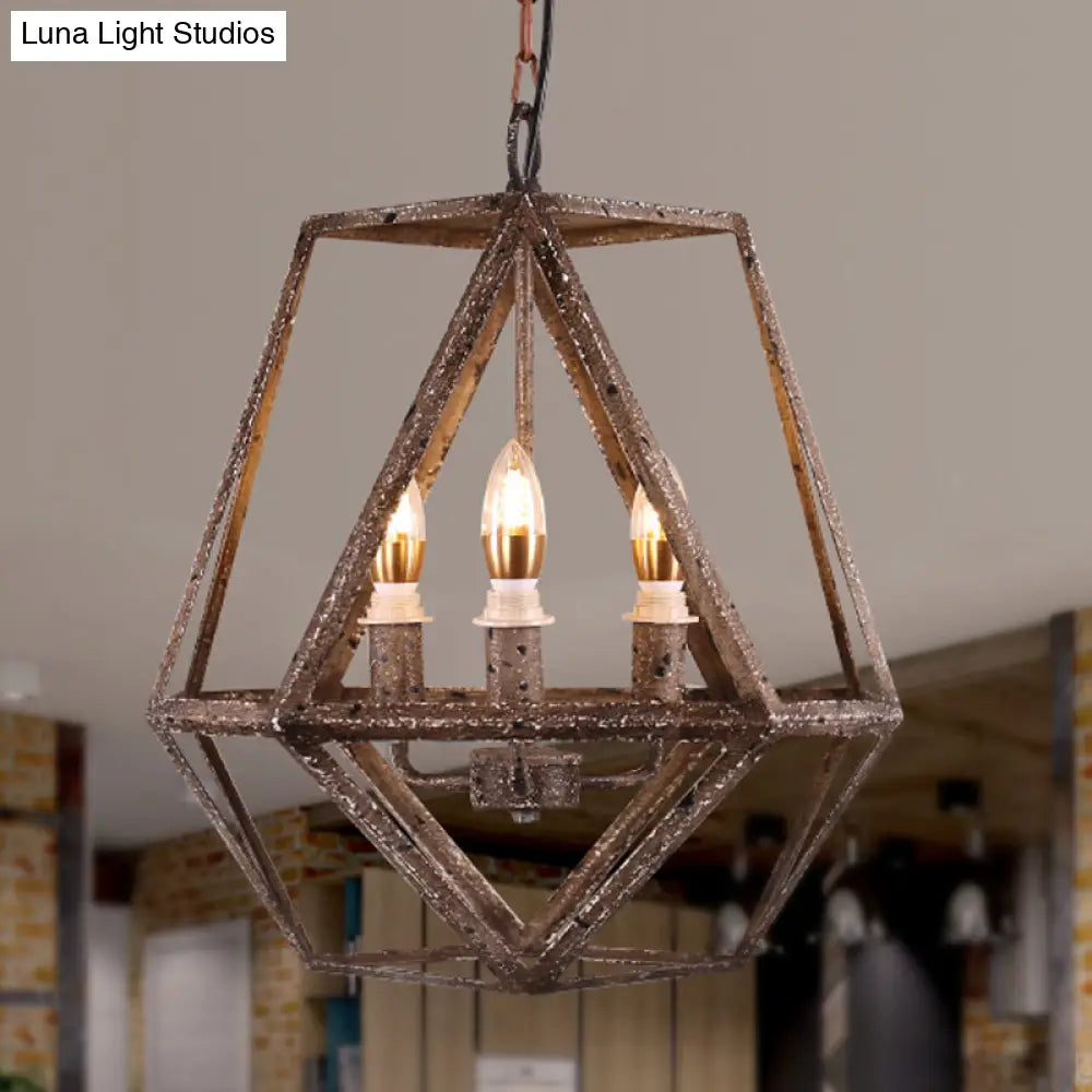 Metal Prismatic Cage Pendant Lamp: Rustic Stylish 3-Heads Chandelier Light Fixture with Adjustable Chain in Rust for Living Room