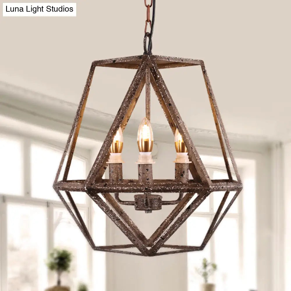 Metal Prismatic Cage Pendant Lamp: Rustic Stylish 3-Heads Chandelier Light Fixture with Adjustable Chain in Rust for Living Room