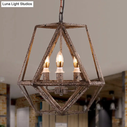 Metal Prismatic Cage Pendant Lamp: Rustic Stylish 3-Heads Chandelier Light Fixture with Adjustable Chain in Rust for Living Room