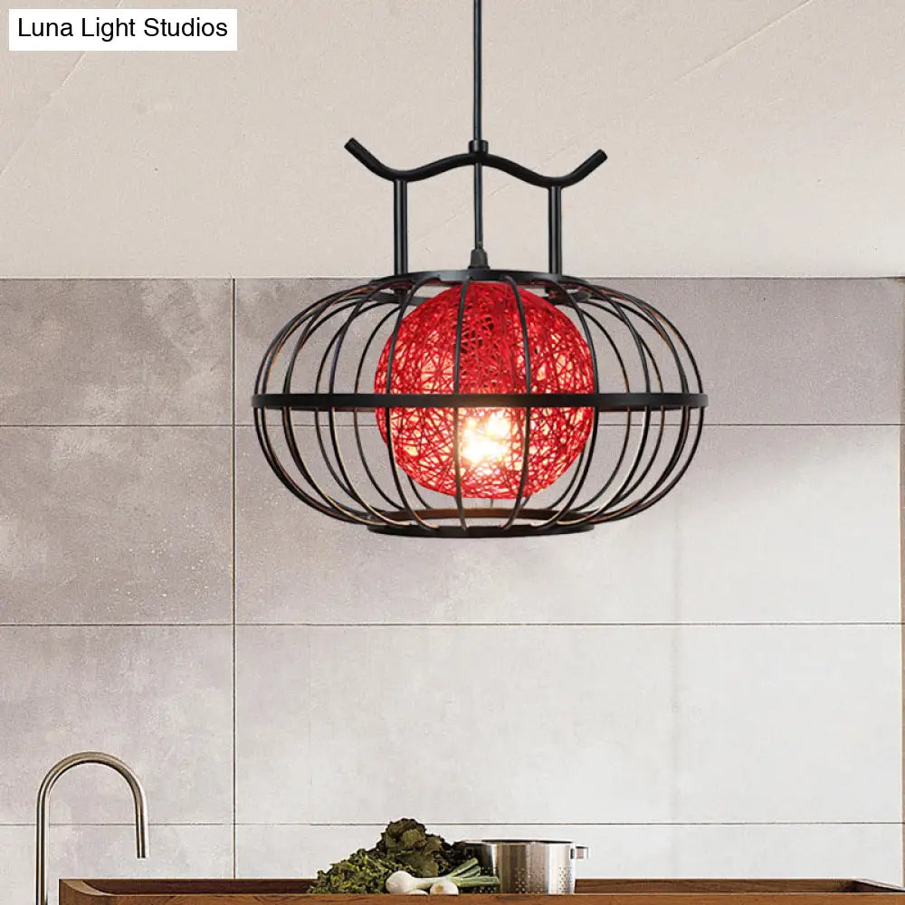 Metal Pumpkin Cage Hanging Pendant Light with Inner Rattan Ball Shade - Asian Style Suspension Lamp (Red/Yellow)