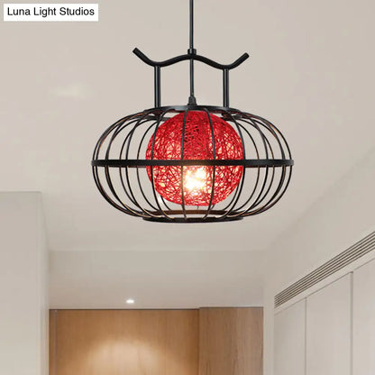 Metal Pumpkin Cage Hanging Pendant Light with Inner Rattan Ball Shade - Asian Style Suspension Lamp (Red/Yellow)