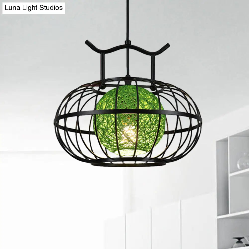 Metal Pumpkin Cage Hanging Pendant Light with Inner Rattan Ball Shade - Asian Style Suspension Lamp (Red/Yellow)