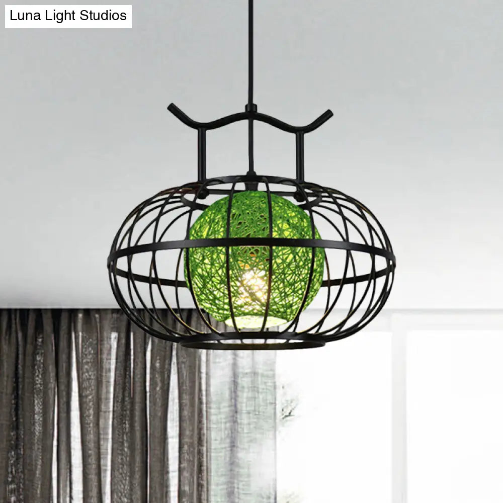 Metal Pumpkin Cage Hanging Pendant Light with Inner Rattan Ball Shade - Asian Style Suspension Lamp (Red/Yellow)