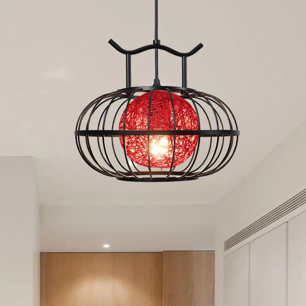 Metal Pumpkin Cage Hanging Pendant Light with Inner Rattan Ball Shade - Asian Style Suspension Lamp (Red/Yellow)