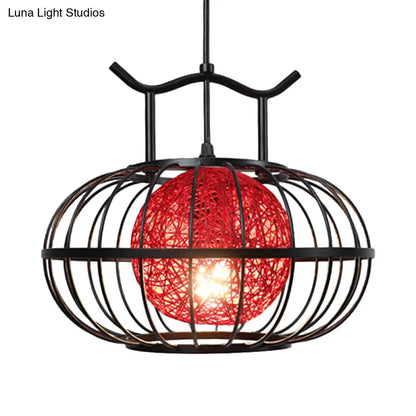 Metal Pumpkin Cage Hanging Pendant Light with Inner Rattan Ball Shade - Asian Style Suspension Lamp (Red/Yellow)