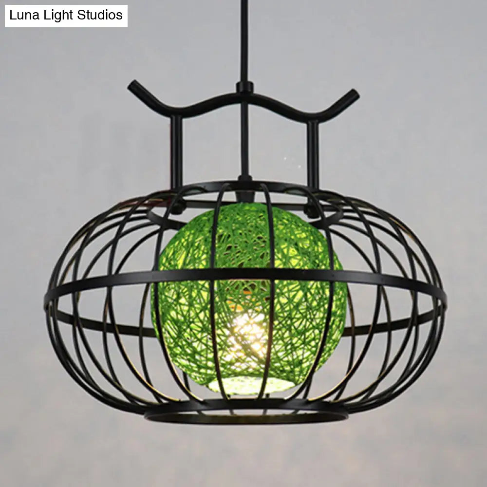 Metal Pumpkin Cage Hanging Pendant Light with Inner Rattan Ball Shade - Asian Style Suspension Lamp (Red/Yellow)