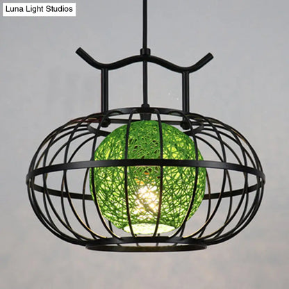 Metal Pumpkin Cage Hanging Pendant Light with Inner Rattan Ball Shade - Asian Style Suspension Lamp (Red/Yellow)