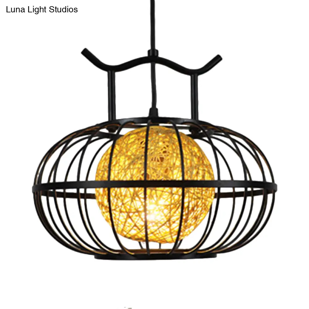 Metal Pumpkin Cage Hanging Pendant Light with Inner Rattan Ball Shade - Asian Style Suspension Lamp (Red/Yellow)