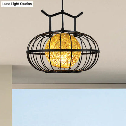 Metal Pumpkin Cage Hanging Pendant Light with Inner Rattan Ball Shade - Asian Style Suspension Lamp (Red/Yellow)