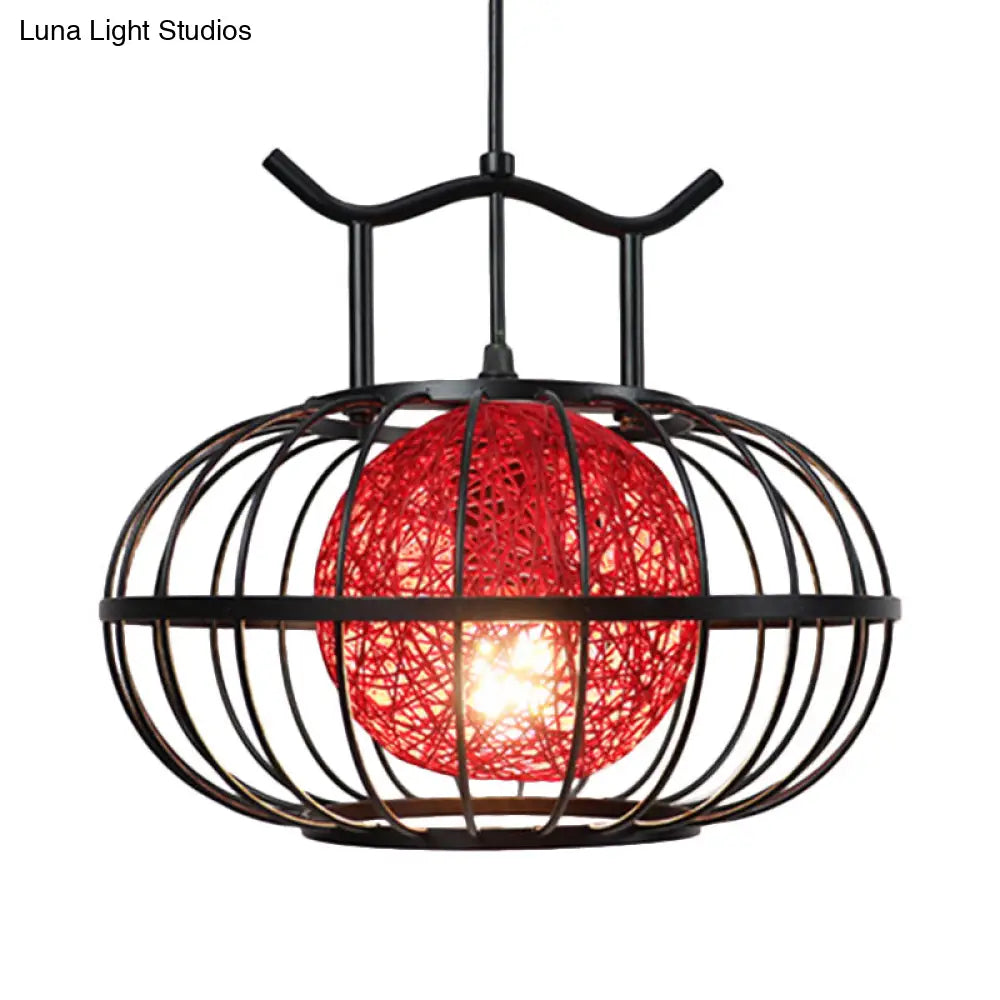 Metal Pumpkin Cage Hanging Pendant Light with Inner Rattan Ball Shade - Asian Style Suspension Lamp (Red/Yellow)