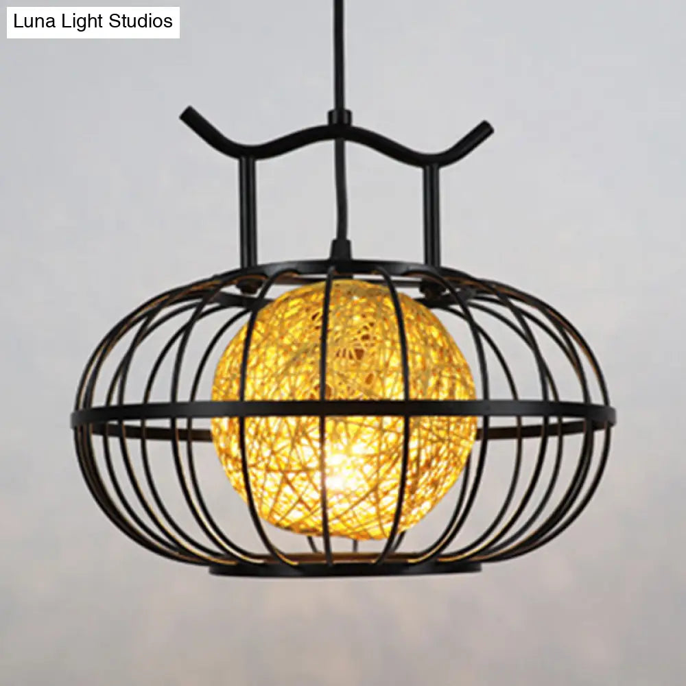 Metal Pumpkin Cage Hanging Pendant Light with Inner Rattan Ball Shade - Asian Style Suspension Lamp (Red/Yellow)