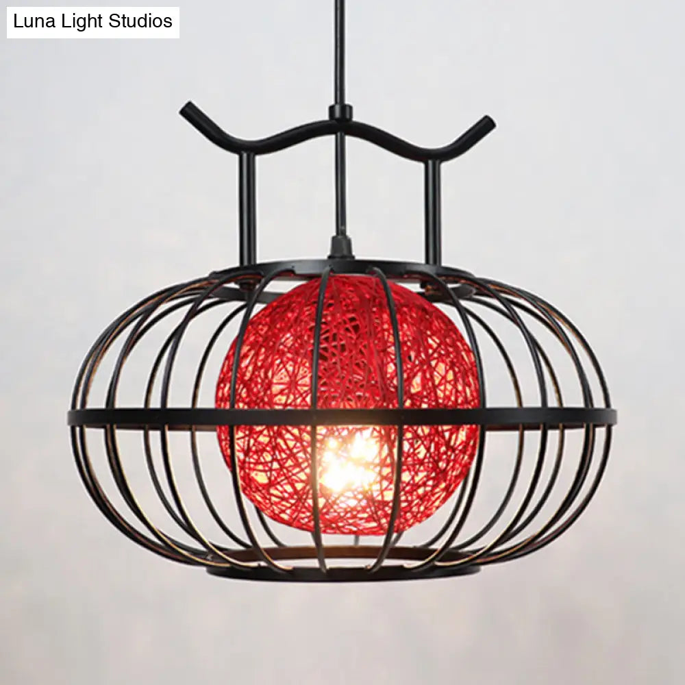 Metal Pumpkin Cage Hanging Pendant Light with Inner Rattan Ball Shade - Asian Style Suspension Lamp (Red/Yellow)