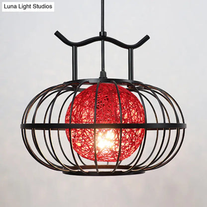 Metal Pumpkin Cage Hanging Pendant Light with Inner Rattan Ball Shade - Asian Style Suspension Lamp (Red/Yellow)