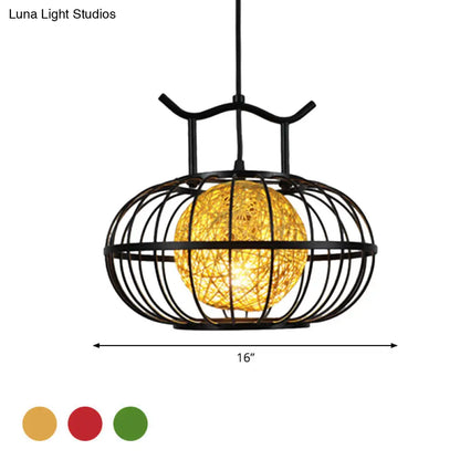 Metal Pumpkin Cage Hanging Pendant Light with Inner Rattan Ball Shade - Asian Style Suspension Lamp (Red/Yellow)