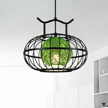 Metal Pumpkin Cage Hanging Pendant Light with Inner Rattan Ball Shade - Asian Style Suspension Lamp (Red/Yellow)