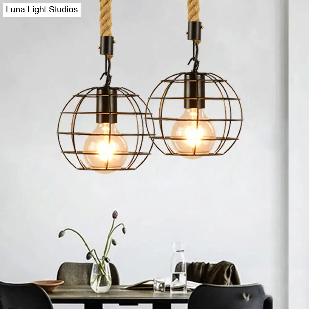 Metal & Rope Hanging Farmhouse Pendant Lamp - Black Globe/Cylinder/Barrel Cage - Dining Room Lighting