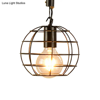 Metal & Rope Hanging Farmhouse Pendant Lamp - Black Globe/Cylinder/Barrel Cage - Dining Room Lighting