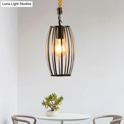 Metal & Rope Hanging Farmhouse Pendant Lamp - Black Globe/Cylinder/Barrel Cage - Dining Room Lighting