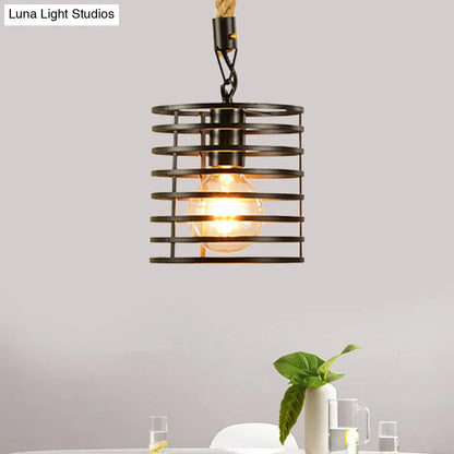 Metal & Rope Hanging Farmhouse Pendant Lamp - Black Globe/Cylinder/Barrel Cage - Dining Room Lighting