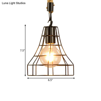 Metal & Rope Hanging Farmhouse Pendant Lamp - Black Globe/Cylinder/Barrel Cage - Dining Room Lighting