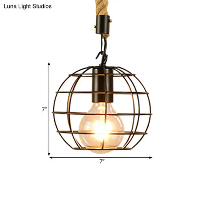 Metal & Rope Hanging Farmhouse Pendant Lamp - Black Globe/Cylinder/Barrel Cage - Dining Room Lighting