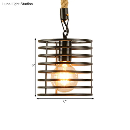 Metal & Rope Hanging Farmhouse Pendant Lamp - Black Globe/Cylinder/Barrel Cage - Dining Room Lighting