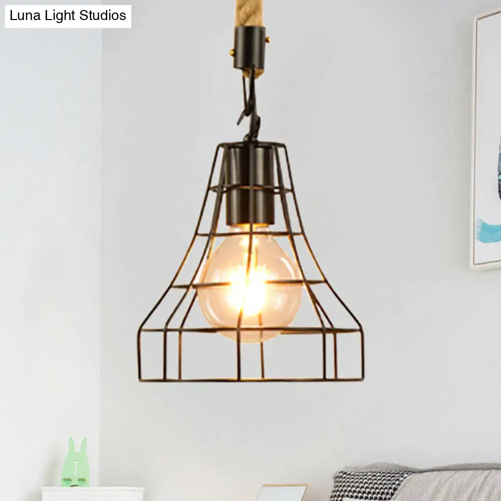 Metal & Rope Hanging Farmhouse Pendant Lamp - Black Globe/Cylinder/Barrel Cage - Dining Room Lighting