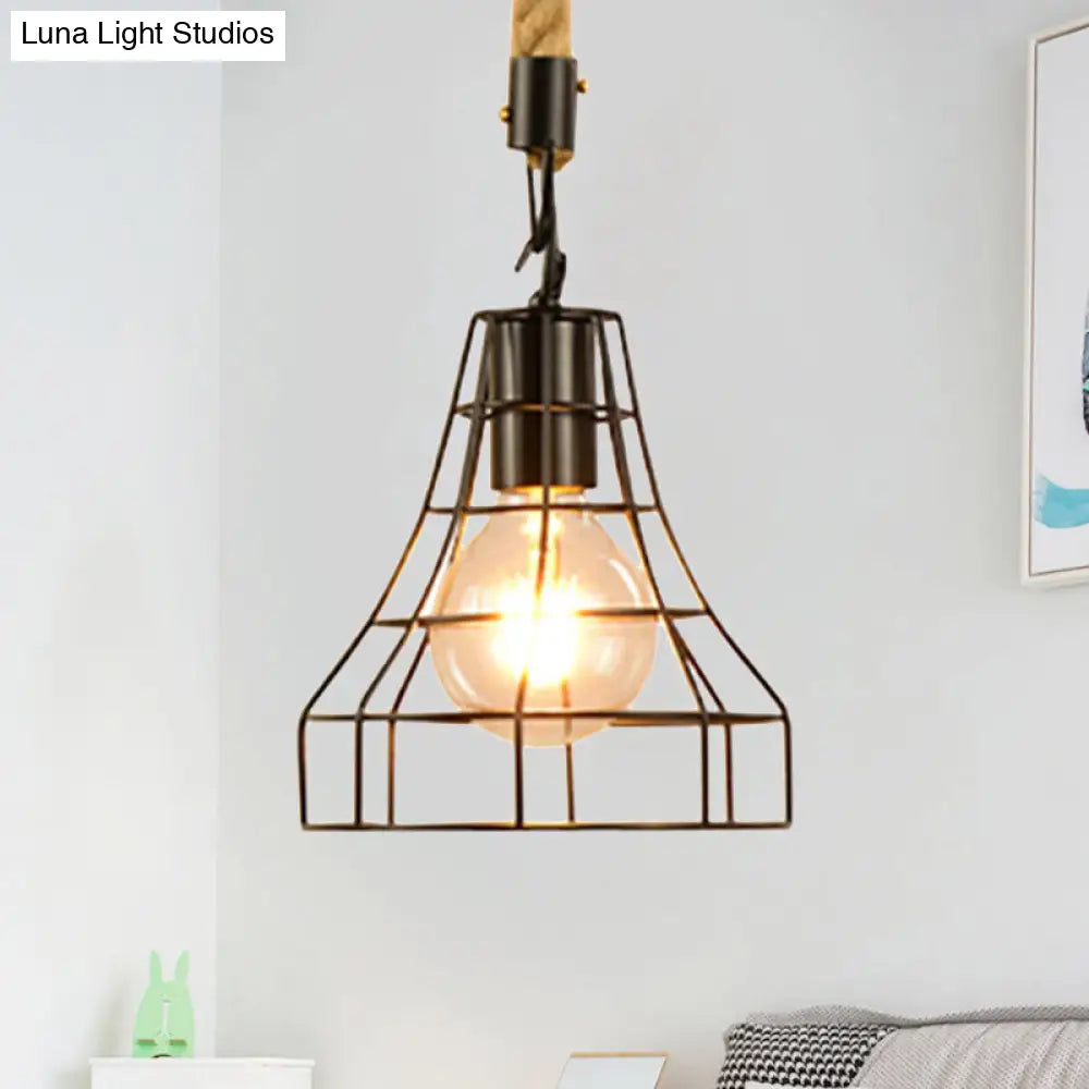 Metal & Rope Hanging Farmhouse Pendant Lamp - Black Globe/Cylinder/Barrel Cage - Dining Room Lighting